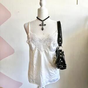 Vintage White Lace Trim Tank Top, Coquette Balletcore Y2K Lingerie Large Bridal